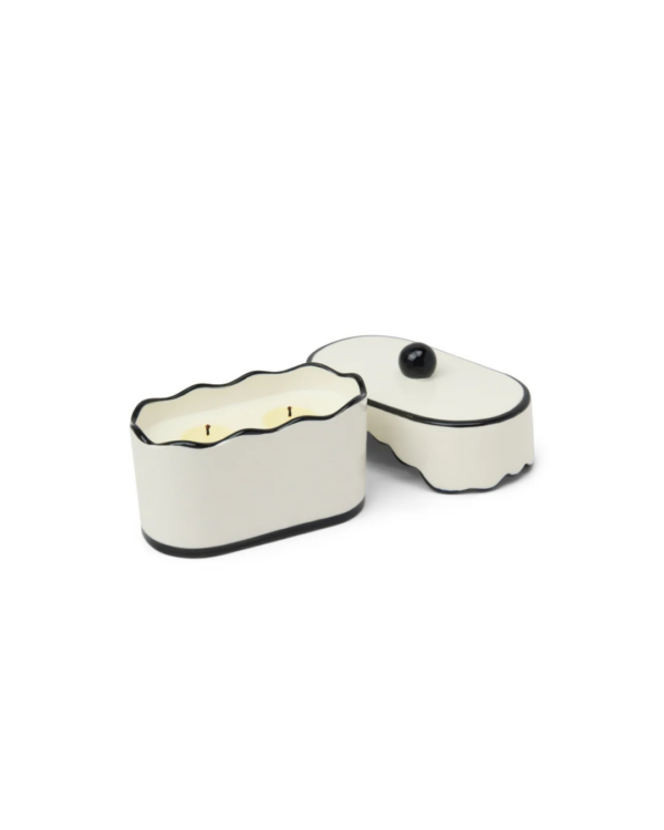 Bougie en céramique noire parfum figue et olive, élégante et décorative avec couvercle orné.