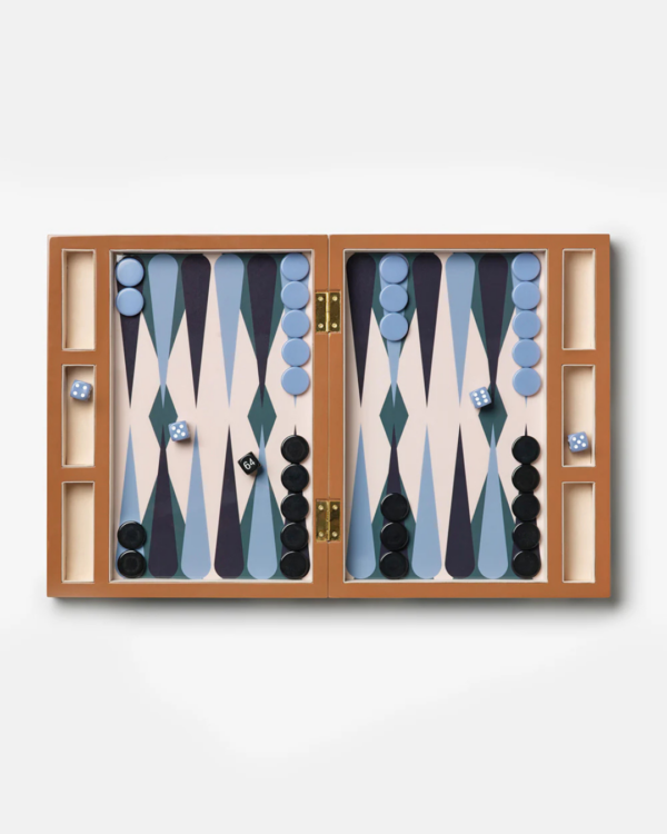 Jeu de société Backgammon laqué, plateau en bois et acrylique avec pièces raffinées, design élégant et décoratif.