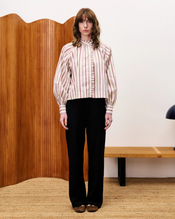 Chemise Molly crème FRNCH, rayée avec col volanté et manches volumineuses, print exclusif en coton.