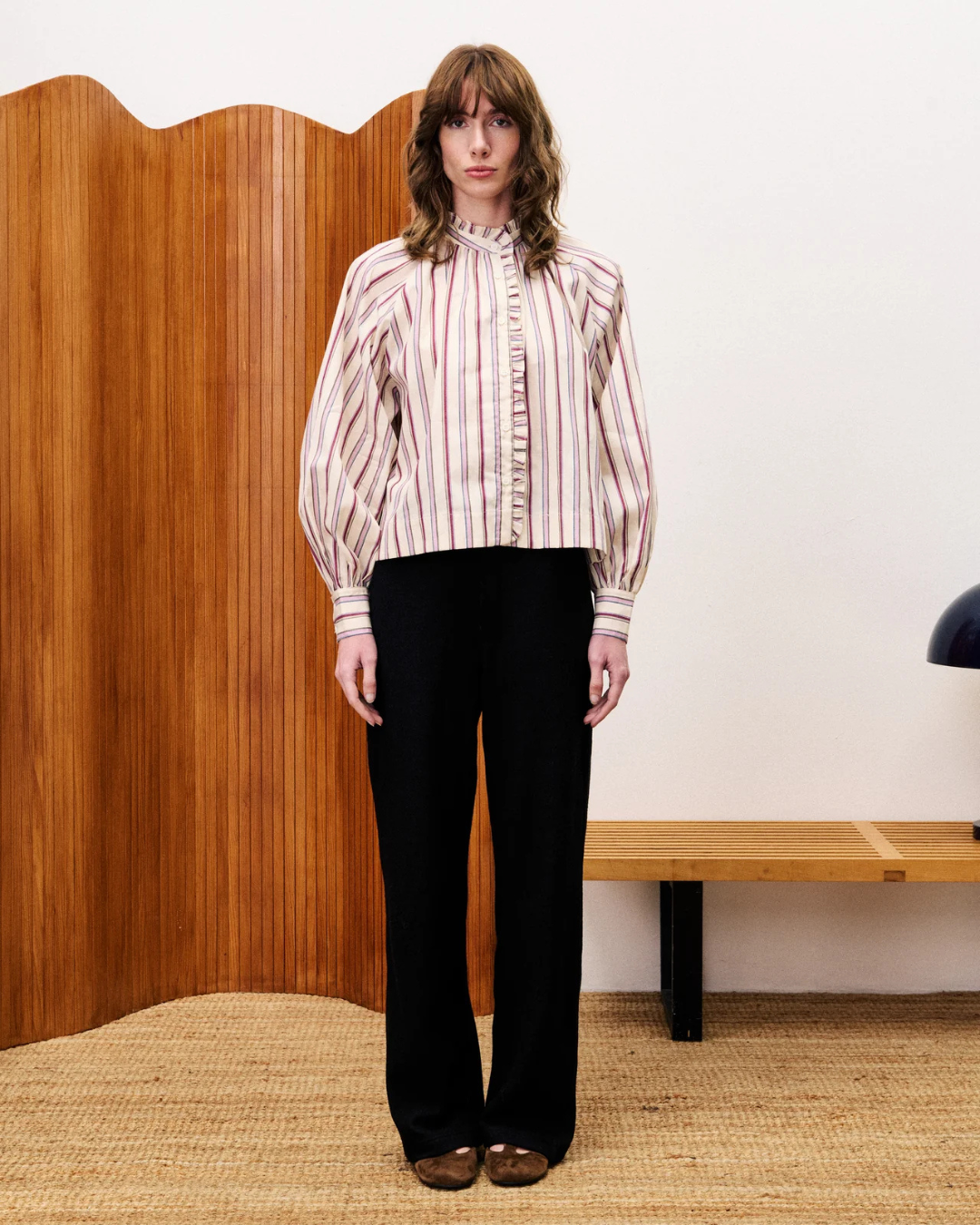 Chemise Molly crème FRNCH, rayée avec col volanté et manches volumineuses, print exclusif en coton.