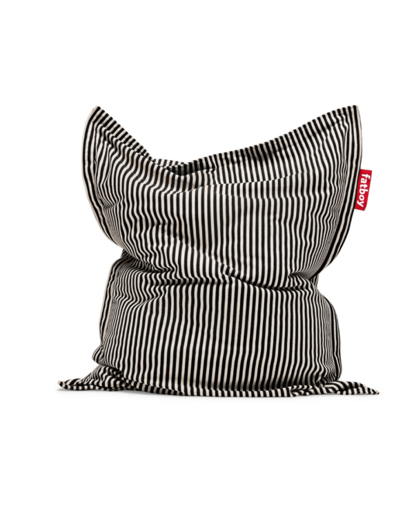 Pouf Fatboy Original Slim Terry Noir Crème en tissu éponge rayé, confortable et design, rempli de billes EPS