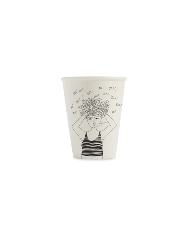 Tasse Beker en porcelaine, dessin noir sur fond blanc cassé – faite main, design Helen b