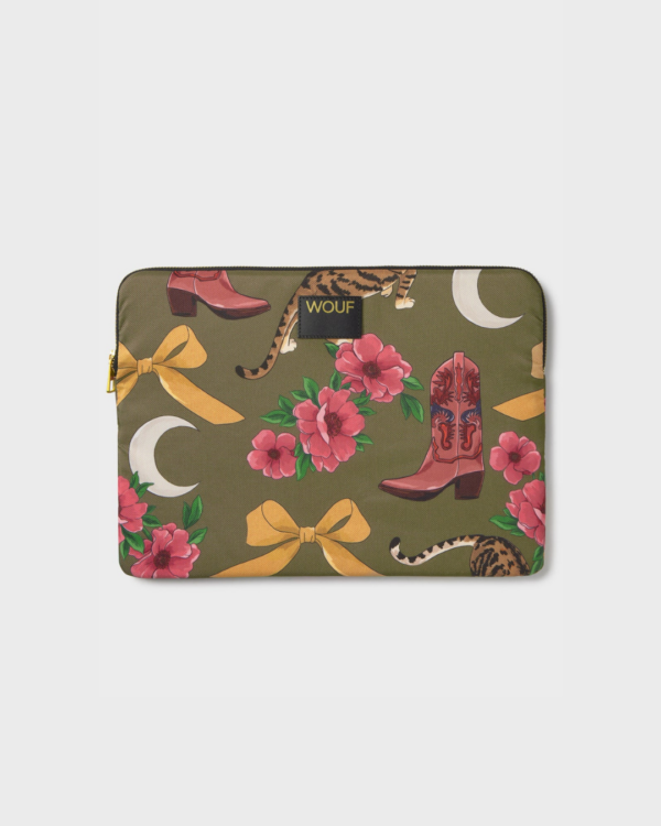 Pochette d’ordinateur Rodeo kaki en tissu recyclé pour MacBook et PC 15-16 pouces, housse écologique et déperlante.