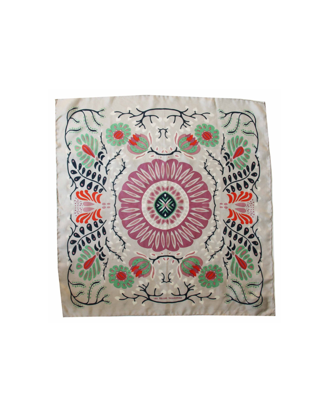 Mini foulard en soie Les Belles Vagabondes, accessoire chic et polyvalent, dessiné à la main en France et imprimé artisanalement en Inde.