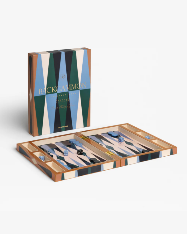 Jeu de société Backgammon laqué, plateau en bois et acrylique avec pièces raffinées, design élégant et décoratif.