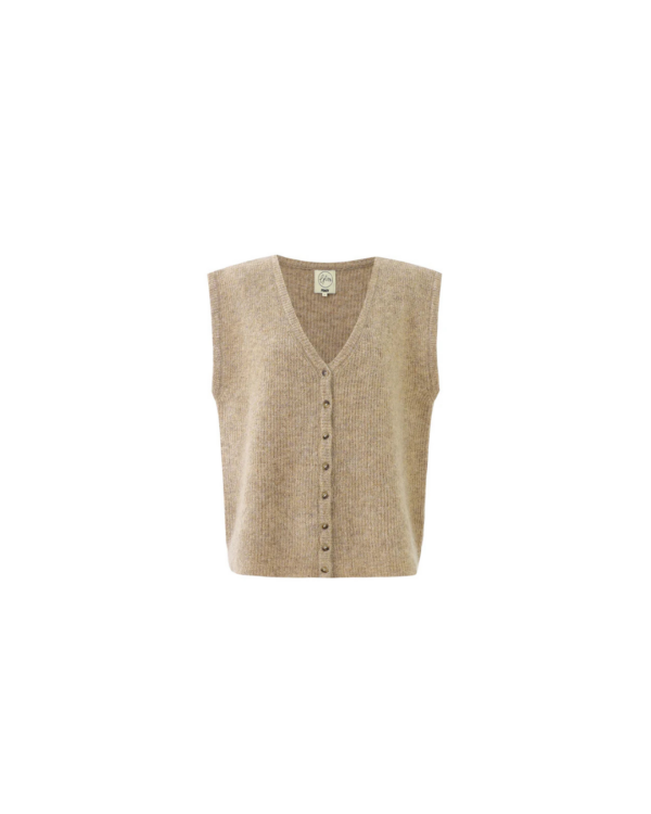 Cardigan Kukicha beige FRNCH, gilet sans manches en laine et mohair, col V, maille douce et chaude.