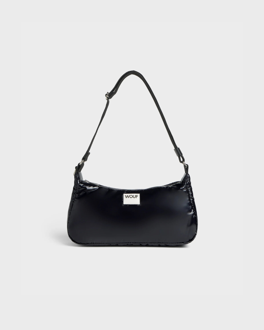 Sac porté épaule Nuit Glossy Noir en tissu recyclé – sac brillant, déperlant et écoresponsable avec bandoulière ajustable
