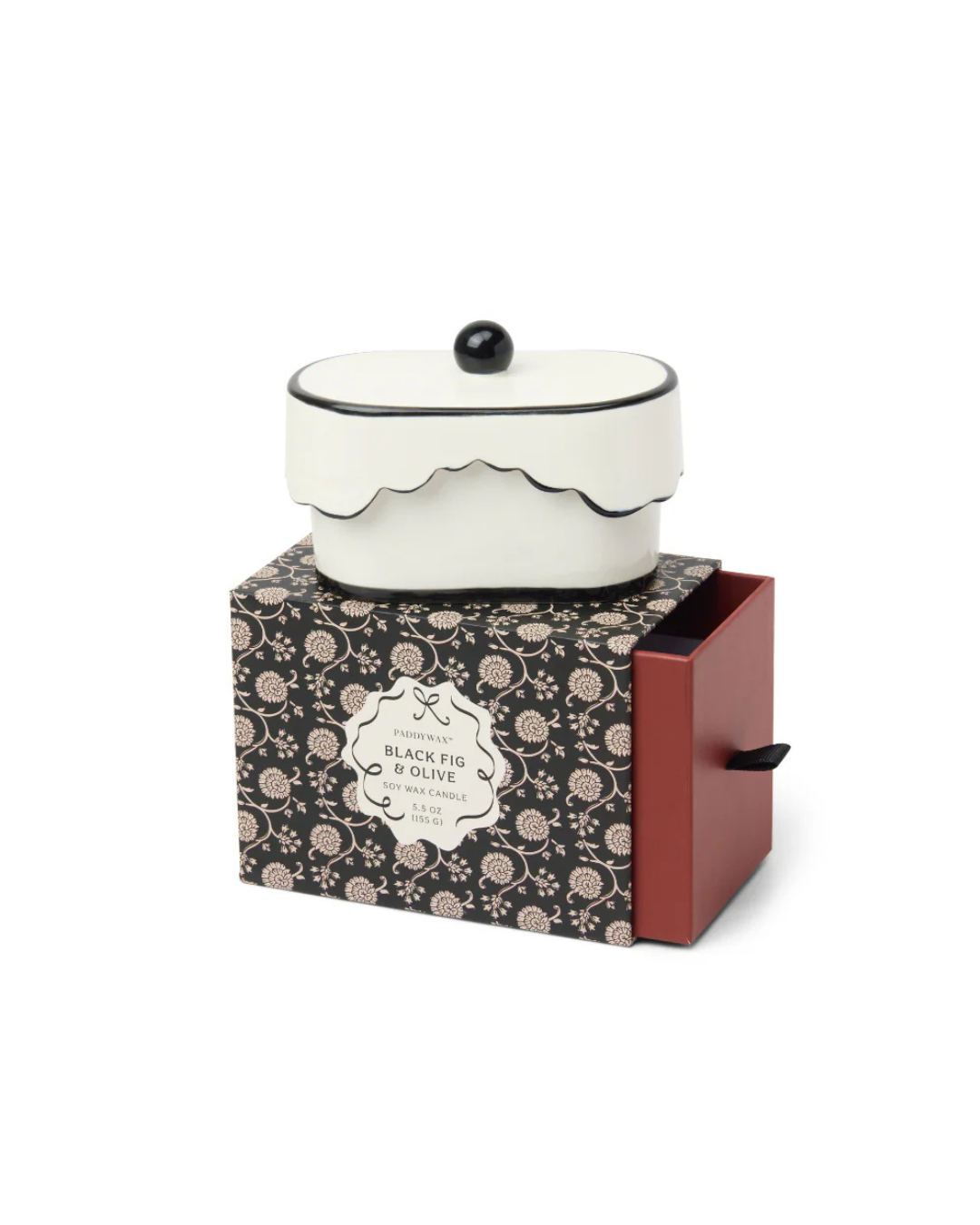 Bougie en céramique noire parfum figue et olive, élégante et décorative avec couvercle orné.