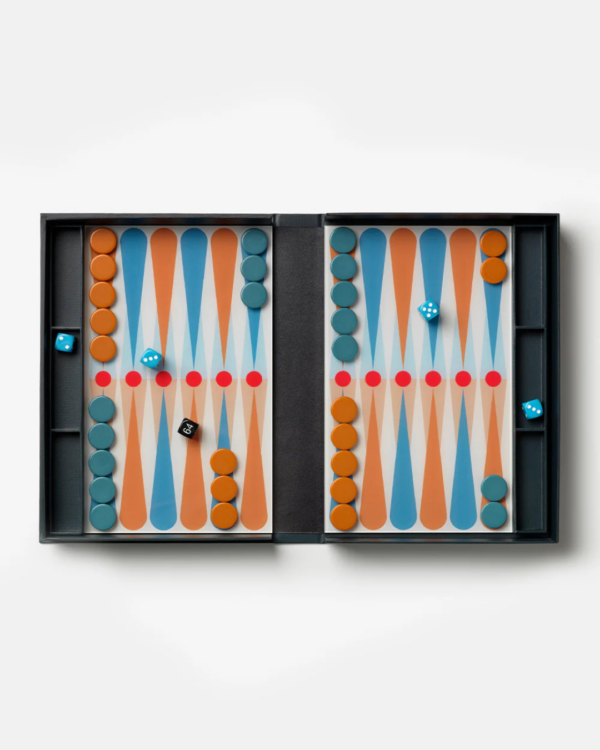 Jeu de société Backgammon Anthracite, boîte en forme de livre avec plateau en acrylique et pièces colorées.