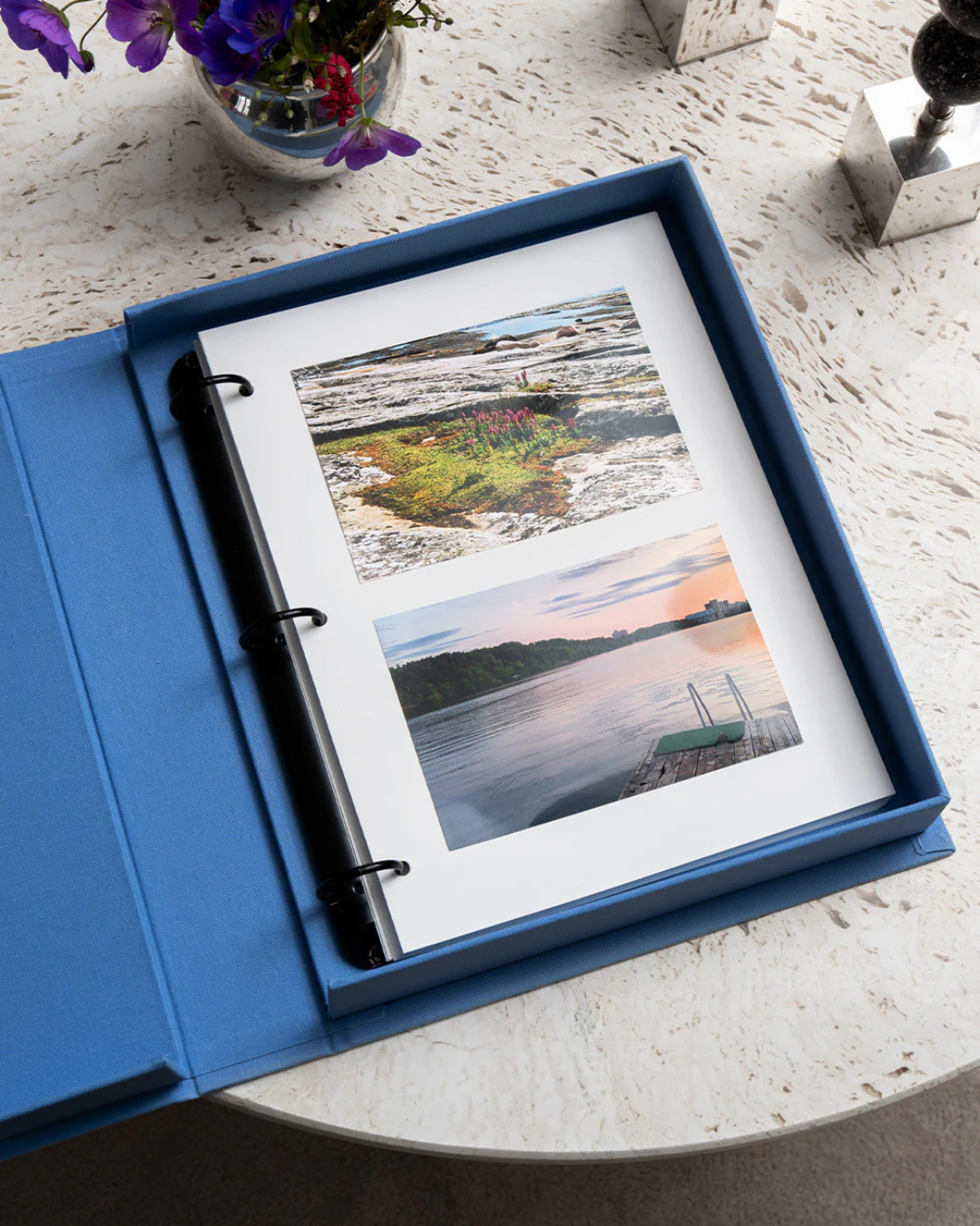 Album photo bleu ciel Moments that Matters the Most, couverture en tissu avec texte doré, 30 pages papier photo blanc.