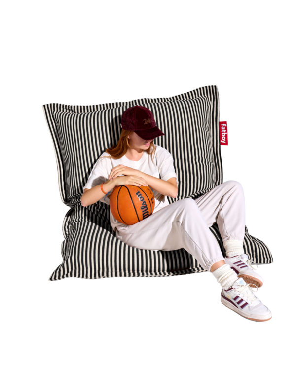 Pouf Fatboy Original Slim Terry Noir Crème en tissu éponge rayé, confortable et design, rempli de billes EPS