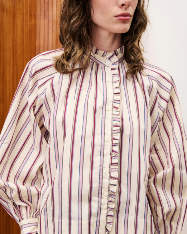 Chemise Molly crème FRNCH, rayée avec col volanté et manches volumineuses, print exclusif en coton.