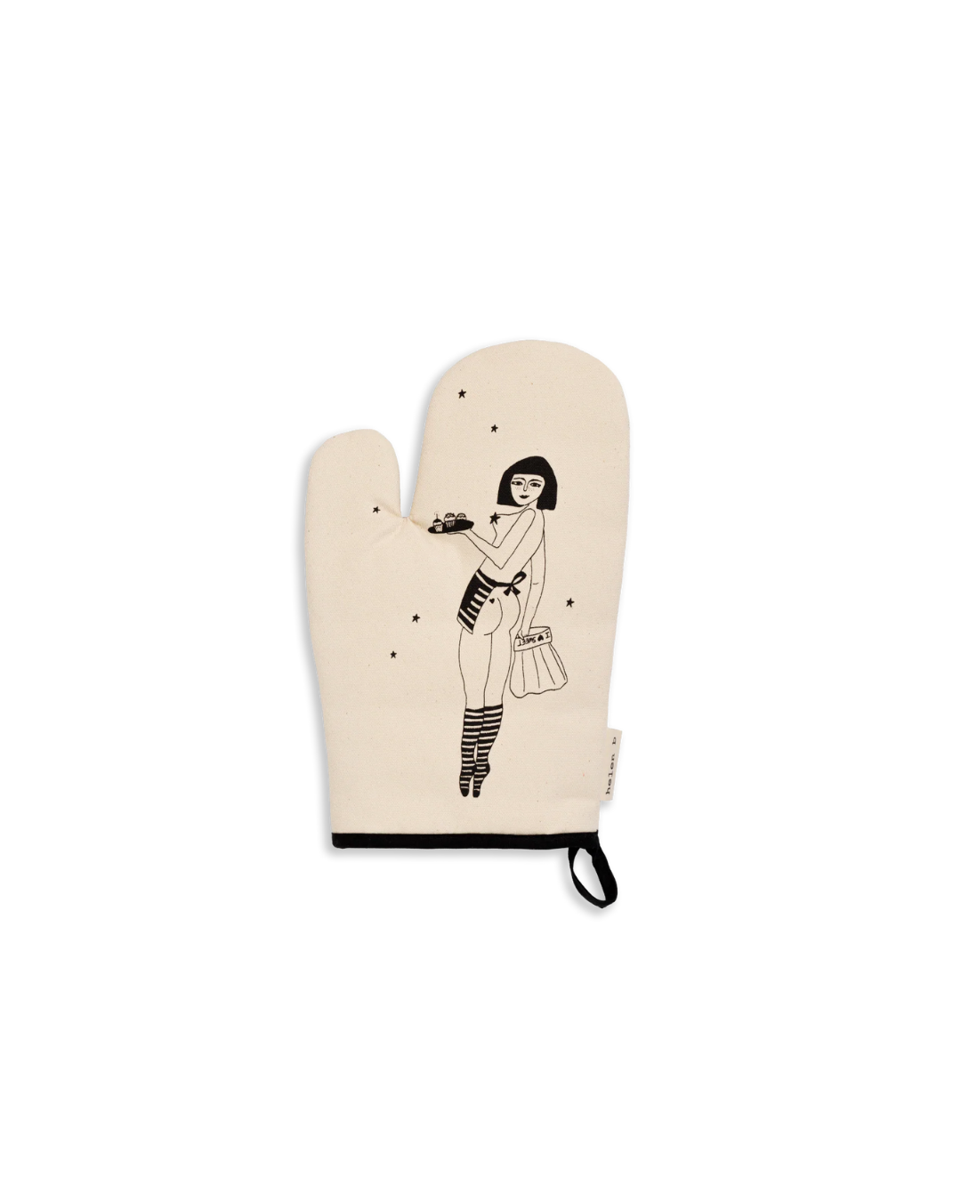 Manique Pin-Up Cake Girl 31x16 cm en coton, illustration noire, fabriquée au Portugal