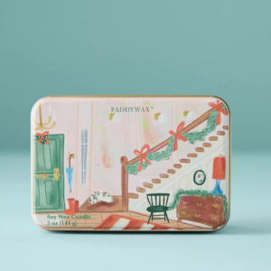 Bougie boîte métal Noël Escalier parfum Wassail, bougie festive en cire de soja illustrée.