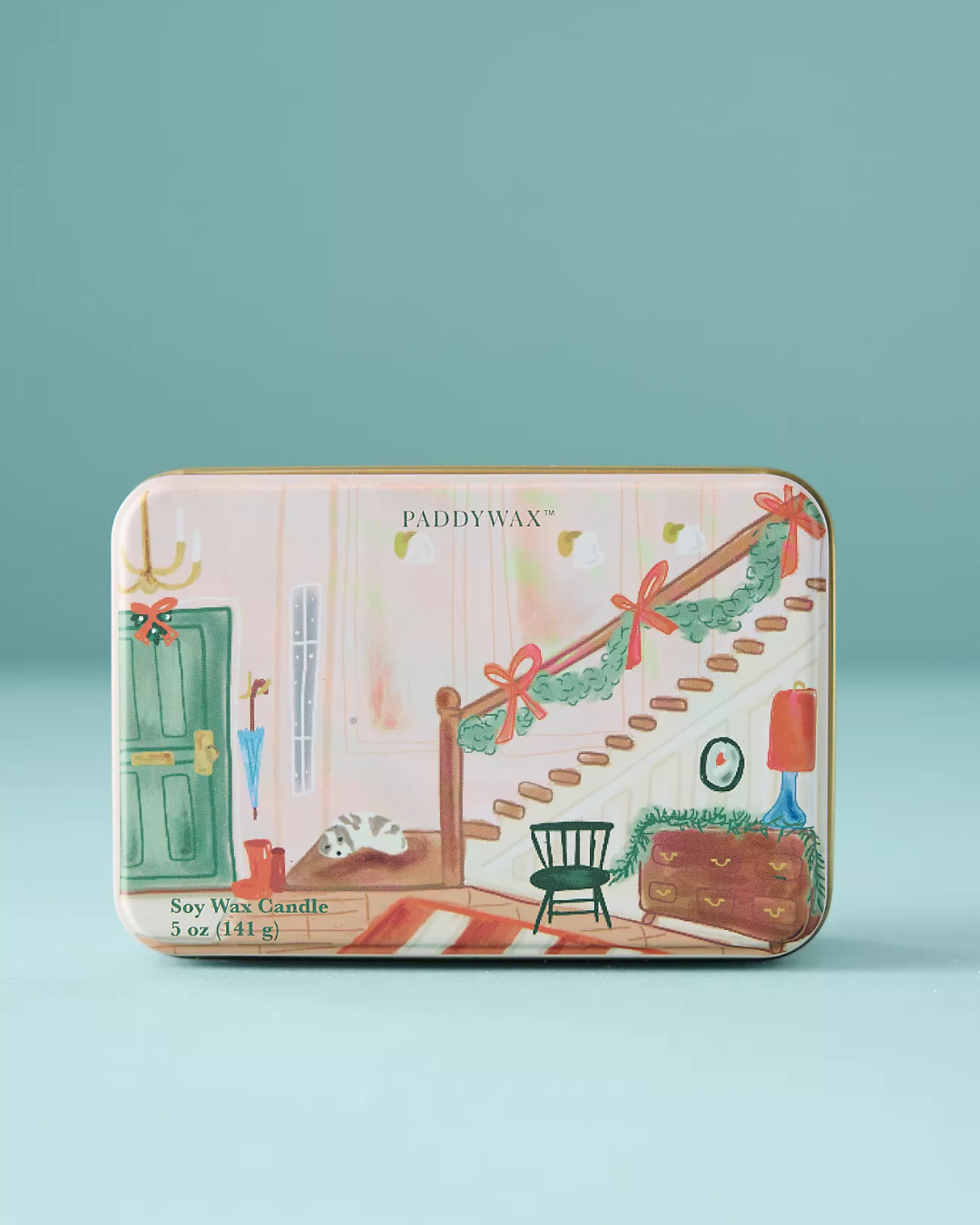 Bougie boîte métal Noël Escalier parfum Wassail, bougie festive en cire de soja illustrée.