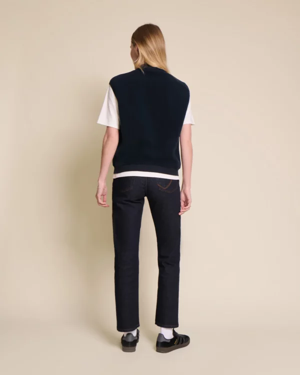 Veste Vincente sans manches en polaire recyclée bleu nuit, coupe oversize unisexe, signée émoi émoi.