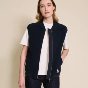 Veste Vincente sans manches en polaire recyclée bleu nuit, coupe oversize unisexe, signée émoi émoi.