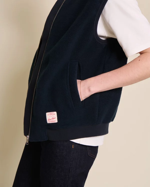 Veste Vincente sans manches en polaire recyclée bleu nuit, coupe oversize unisexe, signée émoi émoi.