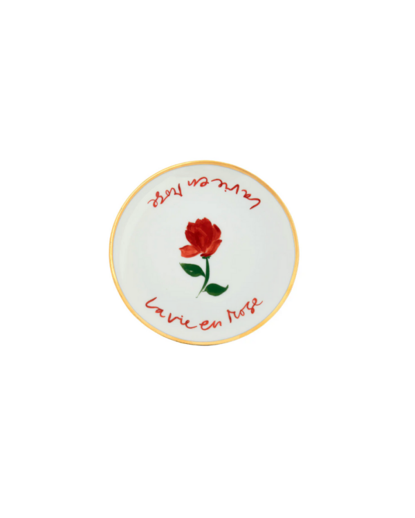 Assiette en porcelaine Bitossi Home x Funky Table 17 cm avec liseré doré et message Con Amore – vaisselle italienne design et ludique.