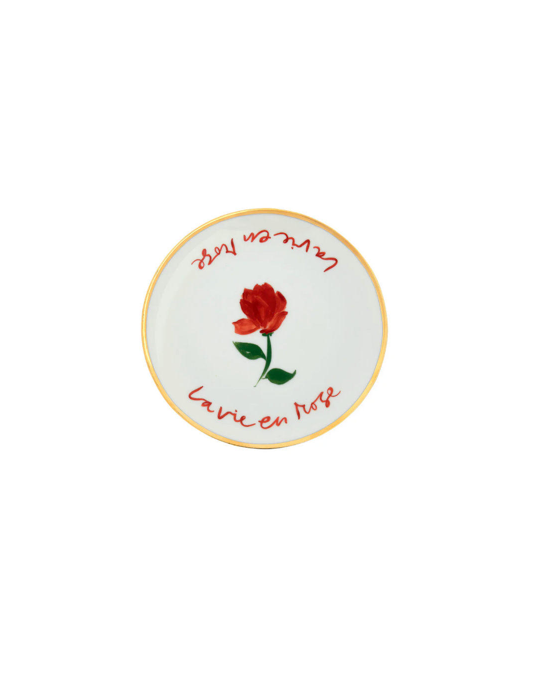 Assiette en porcelaine Bitossi Home x Funky Table 17 cm avec liseré doré et message Con Amore – vaisselle italienne design et ludique.