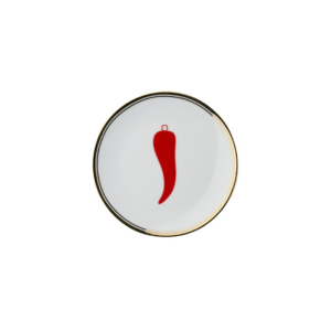 Assiette en porcelaine Bitossi Home x Funky Table 17 cm avec liseré doré et message Con Amore – vaisselle italienne design et ludique.
