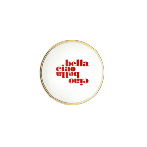 Assiette en porcelaine Bitossi Home x Funky Table 17 cm avec liseré doré et message Con Amore – vaisselle italienne design et ludique.