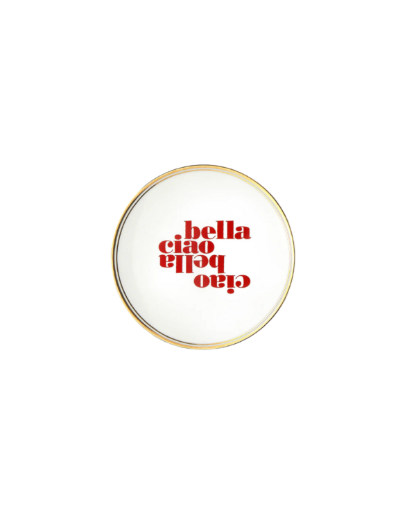 Assiette en porcelaine Bitossi Home x Funky Table 17 cm avec liseré doré et message Con Amore – vaisselle italienne design et ludique.