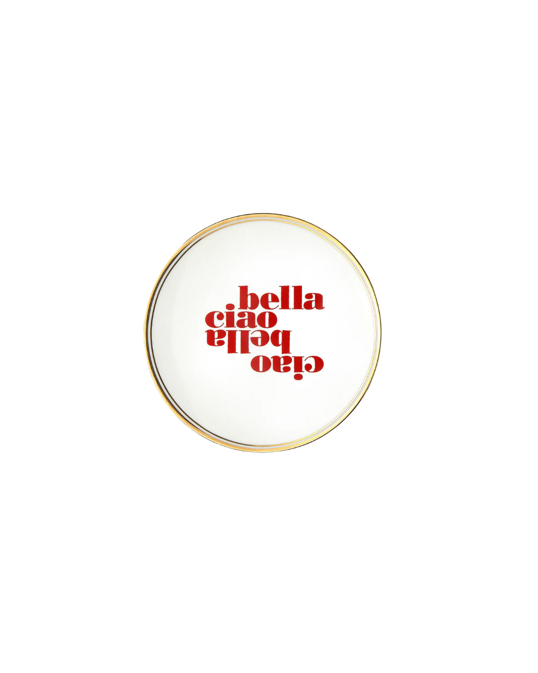 Assiette en porcelaine Bitossi Home x Funky Table 17 cm avec liseré doré et message Con Amore – vaisselle italienne design et ludique.