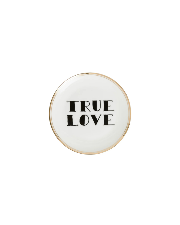 Assiette en porcelaine Bitossi Home x Funky Table 17 cm avec liseré doré et message Con Amore – vaisselle italienne design et ludique.
