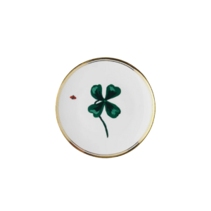 Assiette en porcelaine Bitossi Home x Funky Table 17 cm avec liseré doré et message Con Amore – vaisselle italienne design et ludique.