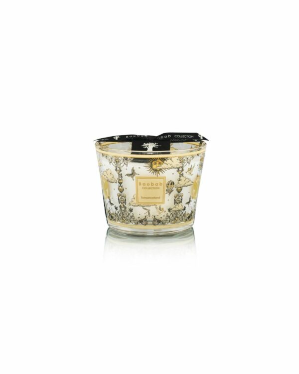 Bougie Baobab Tomorrowland Max 10 décor or et noir, parfum poire, muguet et mousse.