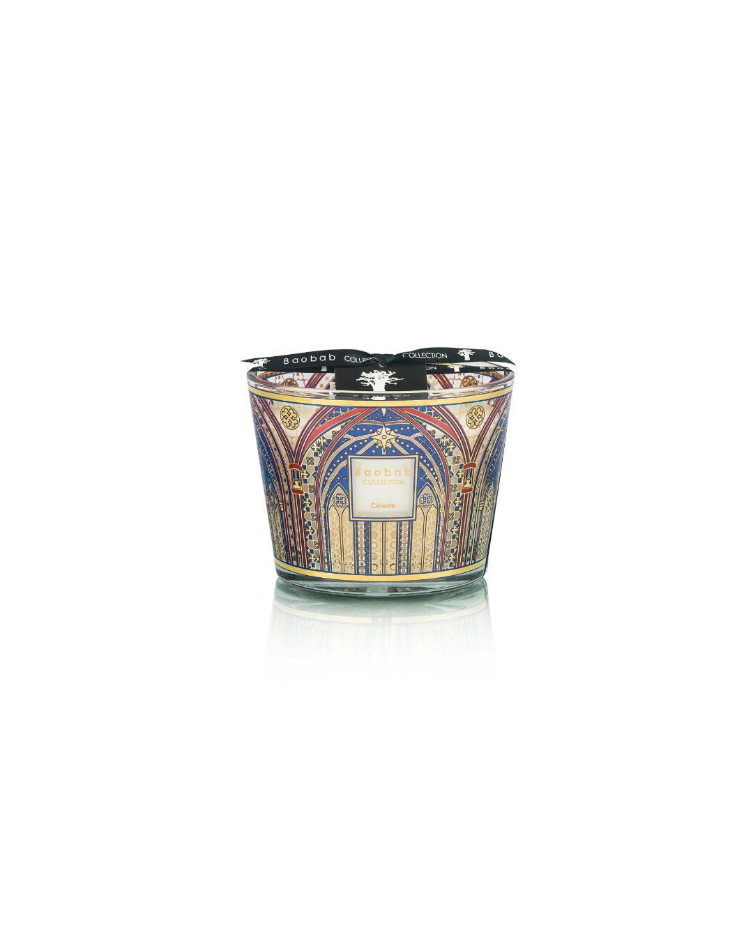 Bougie Baobab Céleste Max 10 décor bleu et doré, parfum encens, cèdre et ambre.
