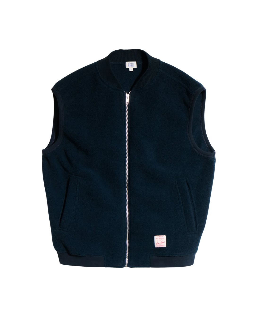 Veste Vincente sans manches en polaire recyclée bleu nuit, coupe oversize unisexe, signée émoi émoi.