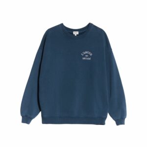 Sweat femme bleu L’Amour est déclaré en coton bio garment dye, signé émoi émoi.