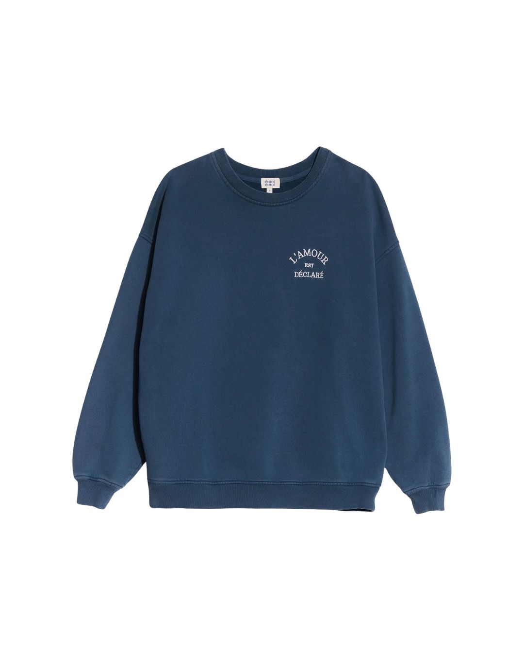 Sweat femme bleu L’Amour est déclaré en coton bio garment dye, signé émoi émoi.