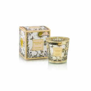 Bougie Baobab Tomorrowland Max 8 décor or et noir, parfum poire, muguet et mousse.