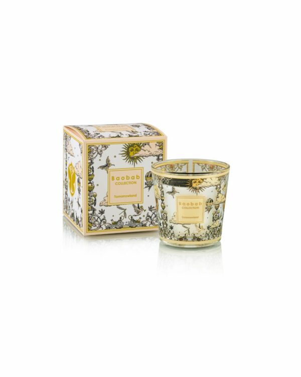 Bougie Baobab Tomorrowland Max 8 décor or et noir, parfum poire, muguet et mousse.