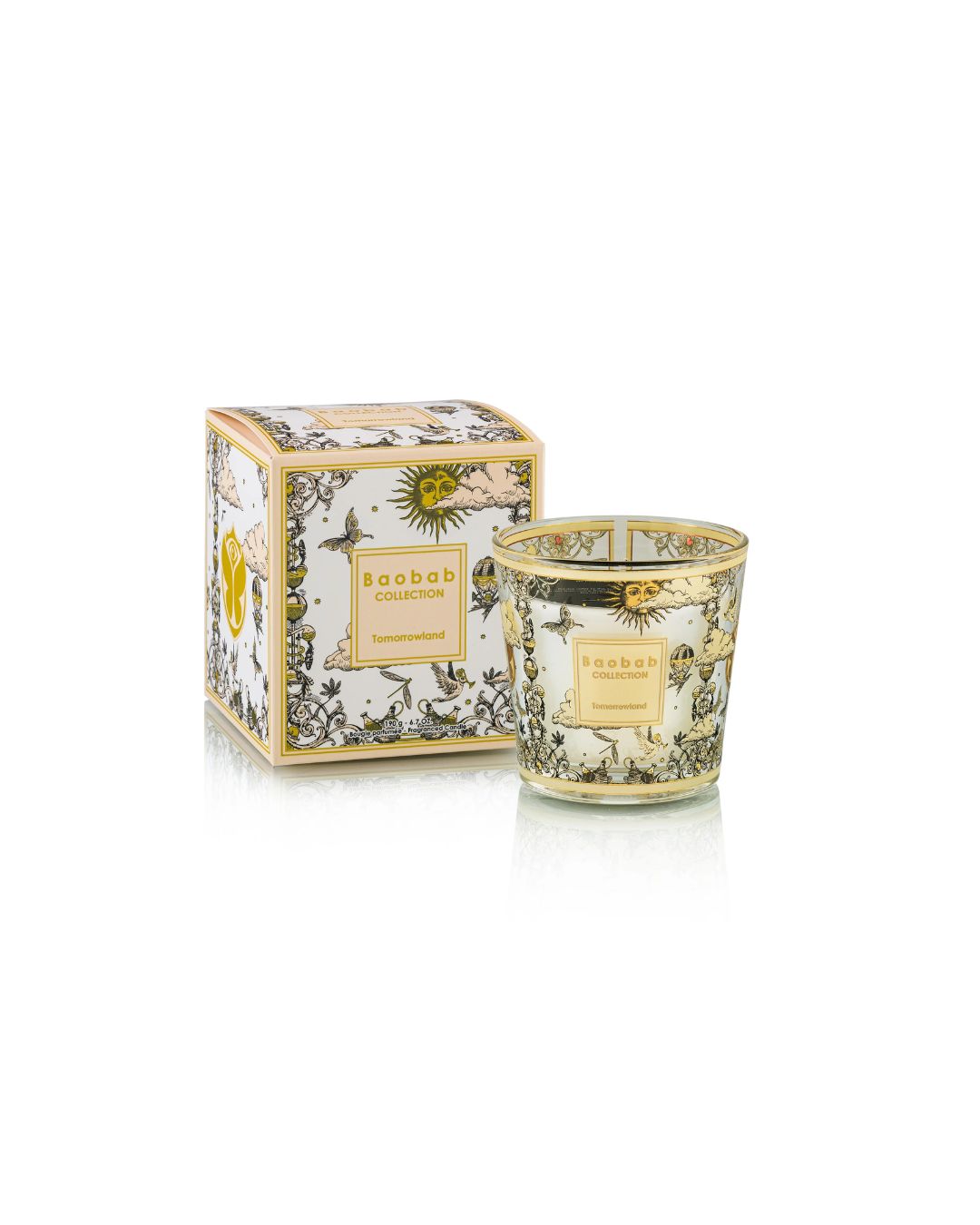 Bougie Baobab Tomorrowland Max 8 décor or et noir, parfum poire, muguet et mousse.