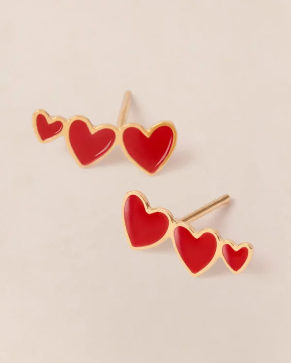 Boucles d’oreilles Clarisse 3 cœurs rouges dorées à l’or fin 24 carats émoi émoi.