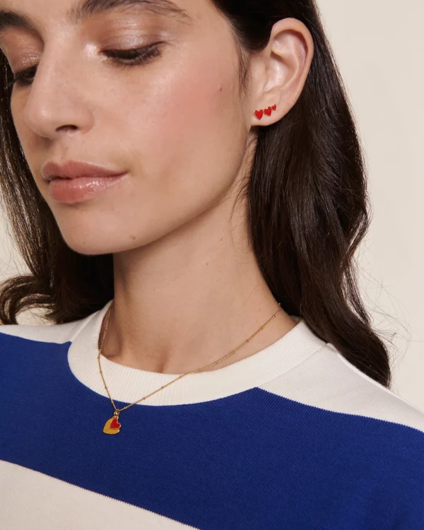Boucles d’oreilles Clarisse 3 cœurs rouges dorées à l’or fin 24 carats émoi émoi.