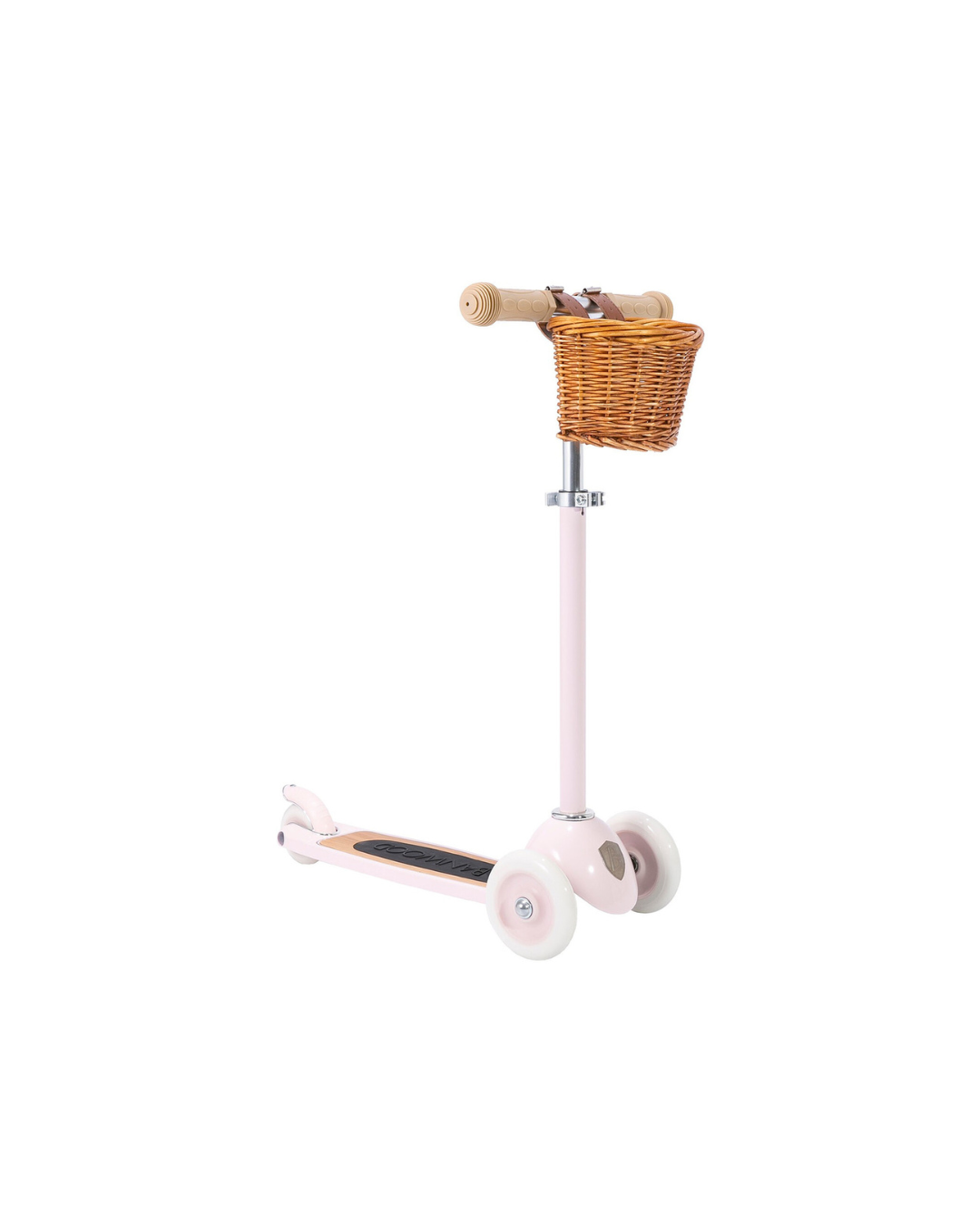 Trottinette Banwood 3 roues couleur rose avec panier en osier et guidon réglable pour enfant.