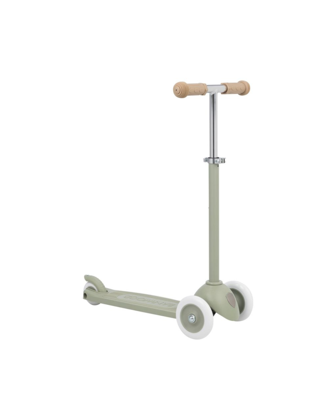 Trottinette enfant Banwood Eco Scooter couleur vert olive, 3 roues, guidon réglable et frein arrière.