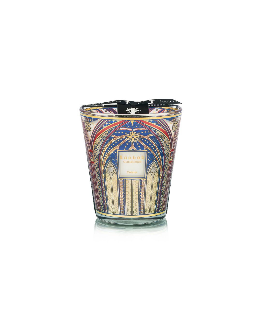 Bougie Baobab Céleste Max 16 décor bleu et or 24 carats, parfum encens, bois de cèdre et ambre.