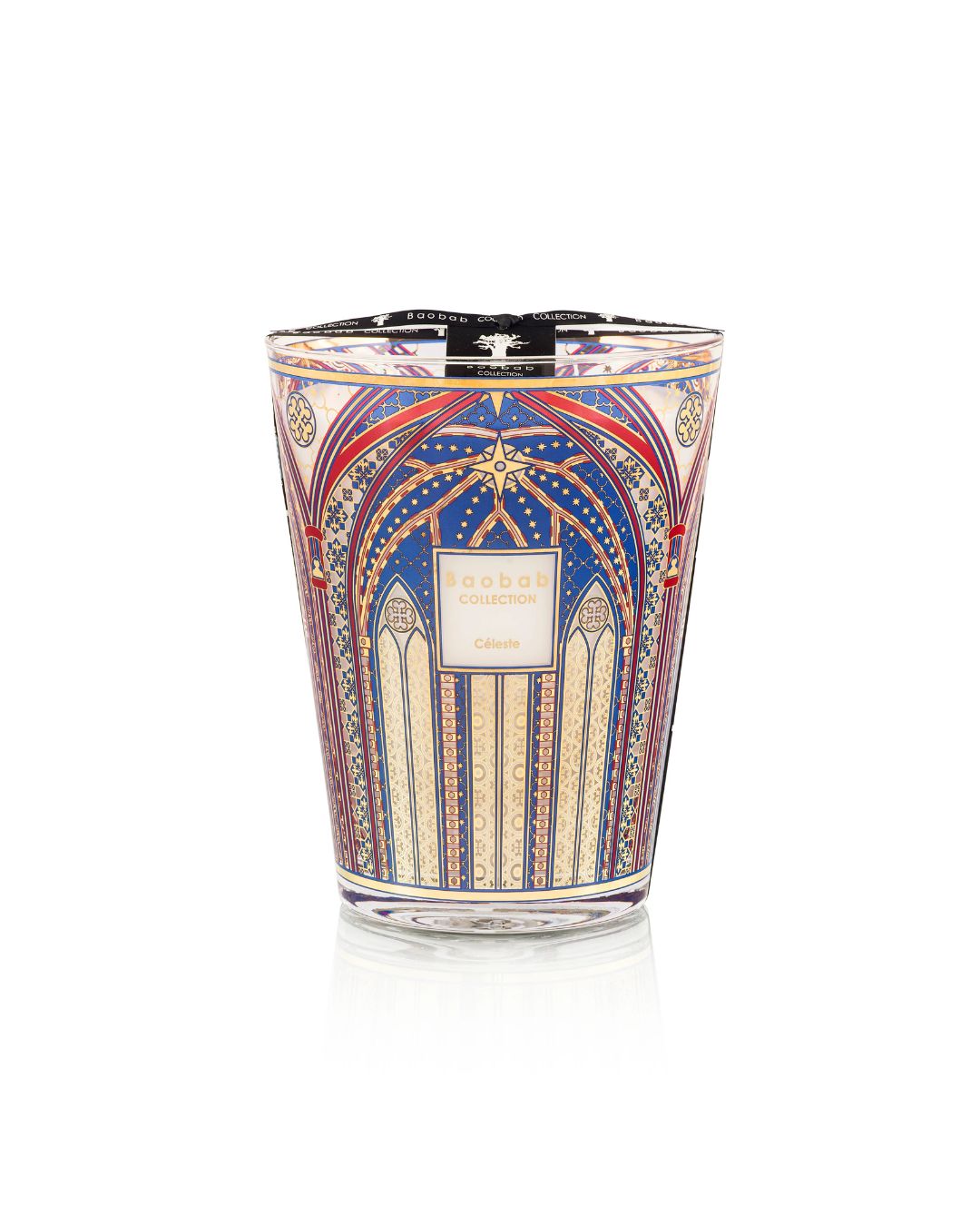 Bougie parfumée Baobab Céleste Max 24 avec décor bleu et or inspiré de la voûte céleste, parfum encens, bois de cèdre et ambre.
