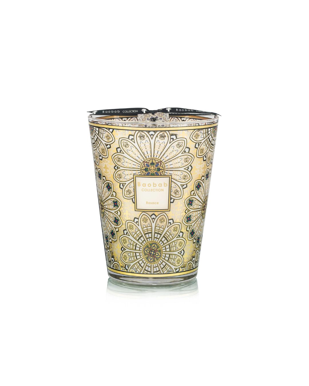 Bougie parfumée Baobab Rosace Max 24 en verre décoré de rosaces médiévales, parfum sapin, feu de bois et vétiver.