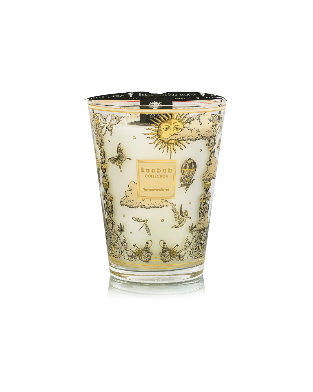 Bougie parfumée Baobab Tomorrowland Max 24 décor or et noir avec papillons et montgolfières.