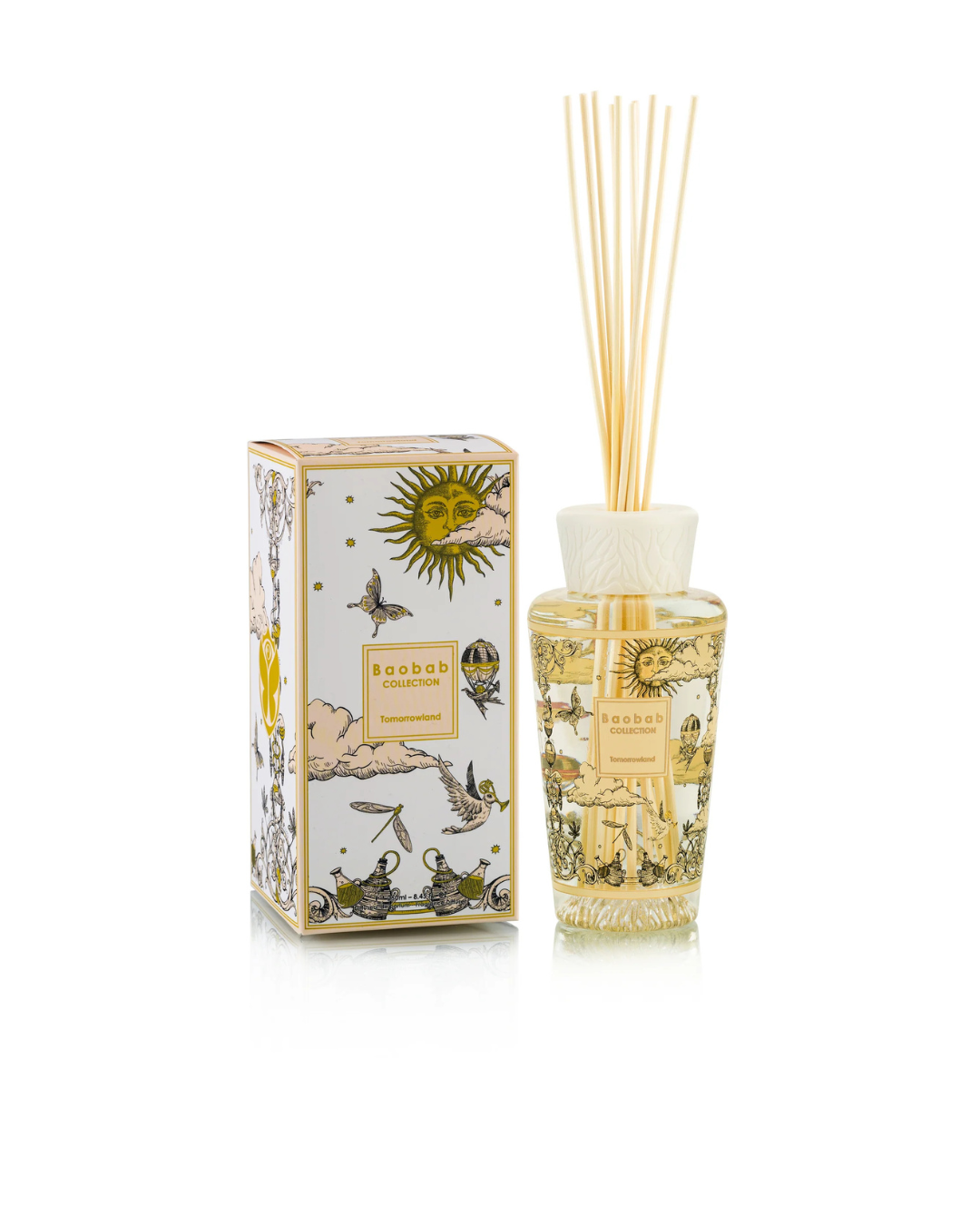 Diffuseur Baobab Tomorrowland 250 ml en verre sérigraphié or et noir, parfum poire, muguet et mousse.