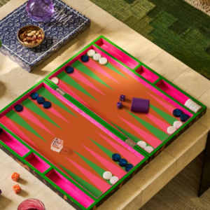 Jeu de backgammon Addison Ross avec extérieur écaille de tortue laqué et intérieur en suède Watermelon, pions effet nacre