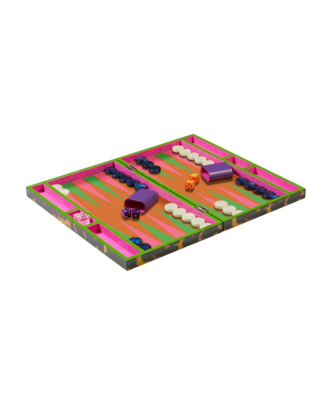 Jeu de backgammon Addison Ross avec extérieur écaille de tortue laqué et intérieur en suède Watermelon, pions effet nacre