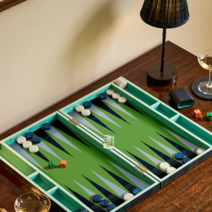 Jeu de backgammon Addison Ross Black Watch Tartan avec intérieur en suède vert Eau de Nil et pions effet nacre